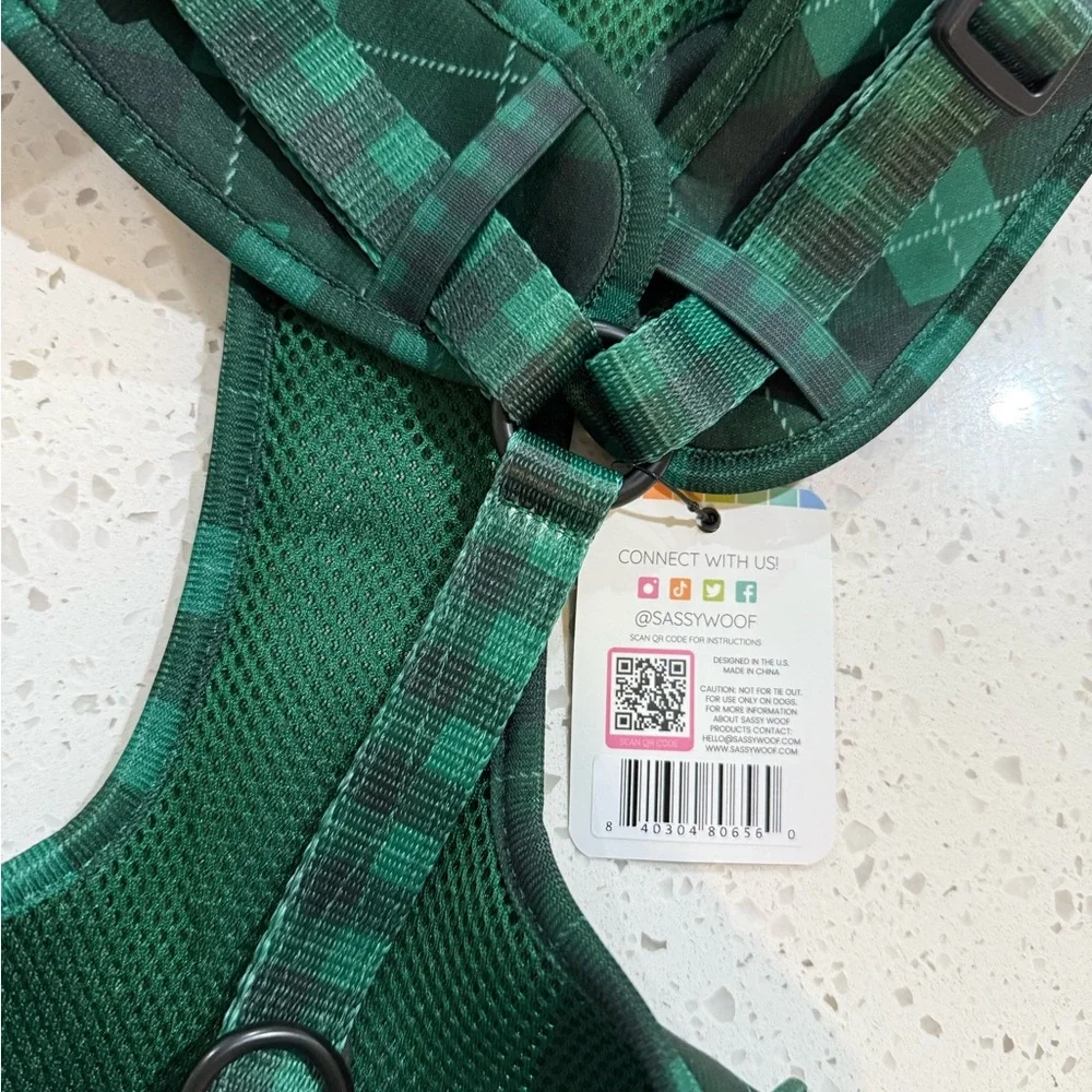 Sassy Woof Green Plaid Dog Harness NWT